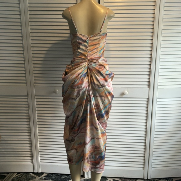 Multi Marble Print Satin Ruched Skirt Corset Detail Midi Dress size 6 - Picture 10 of 12